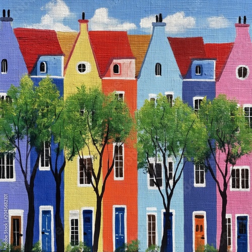Colorful Houses Lined Along a Street With Green Trees and Blue Sky in the Bac...