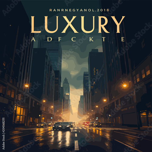 A nighttime cityscape with a street lined with tall buildings, cars driving on a wet road reflecting city lights, and a dramatic sky.