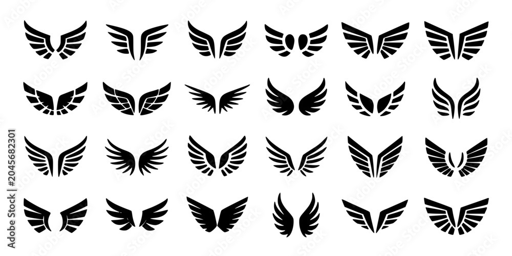 Obraz premium Wings in Various Stylized Designs and Patterns on a White Background Featuring Black, Vector, Graphic with Art and Symbols Elements for Icons