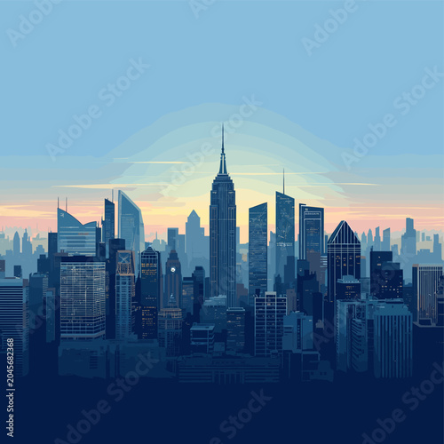 A panoramic view of a modern city skyline at dusk, featuring towering skyscrapers and a clear sky.