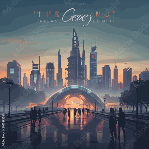 A futuristic city skyline bathed in the warm glow of sunset, featuring a modern arched structure and silhouetted people walking on a wide promenade.