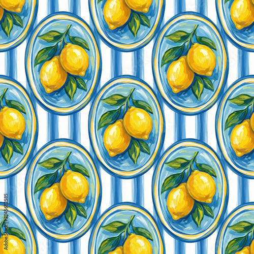 Seamless pattern with hand-painted lemons in blue oval frames on a white and blue striped background, inspired by Mediterranean and Amalfi coast ceramic tile art style.
