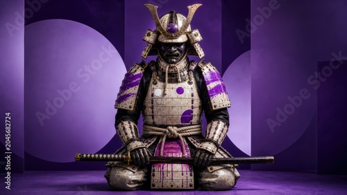Samurai in traditional armor sits with katana in a studio with purple background during a photoshoot at daytime