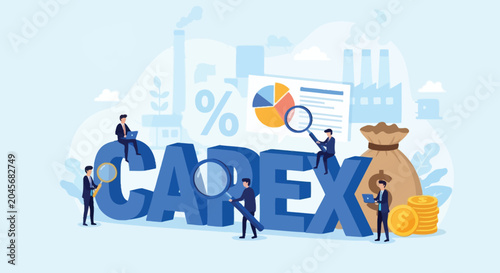Bild auf Leinwand Business concept of capital expenditures analysis and investment management with tiny people examining large letters and charts financial growth strategy