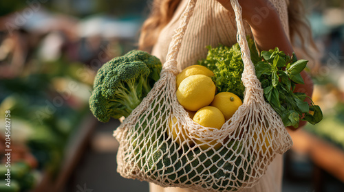 reusable mesh grocery bag filled with fresh organic vegetables and lemons promoting sustainable zero waste lifestyle