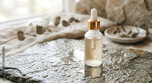 A glass bottle with a dropper stands on a stone next to a plate with herbs on a table by the window.