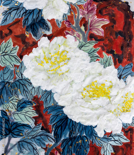 Bild auf Leinwand Traditional Chinese Heavy Color Painting of White Peony Flowers on Rock with Gol