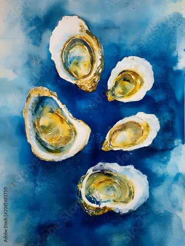 Five beautifully illustrated oysters on a vibrant blue watercolor background, showcasing intricate details of shells and inner textures in an artistic composition