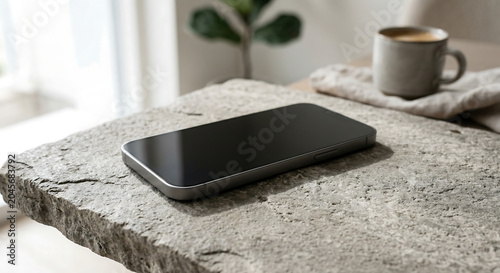A smartphone lies on a stone table next to a coffee cup and plant indoors.
