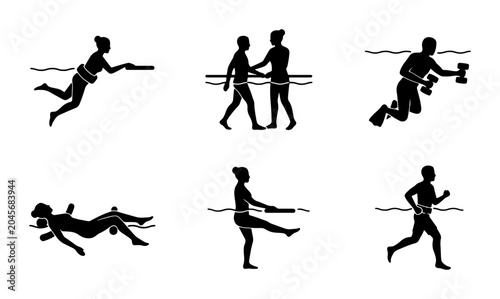Canvas Print Water Fitness Icons, Aquatic Exercise Silhouettes, Hydrotherapy Movements
