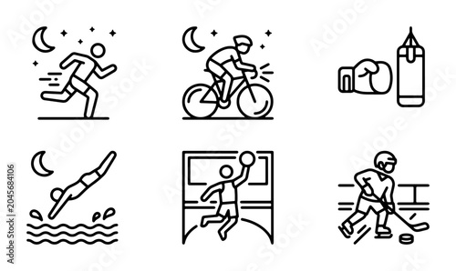 Photography Sports Icons Set: Running, Cycling, Boxing, Diving, Basketball, Hockey