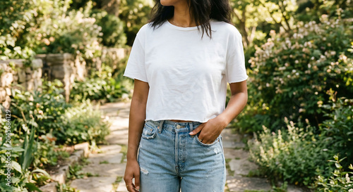 A woman in casual clothing stands on a stone pathway in a lush garden.
