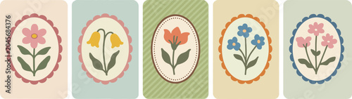 Set of five vertical rectangular cards featuring pastel backgrounds and central oval frames containing hand drawn botanical flower in muted earthy tones with scalloped and dotted borders