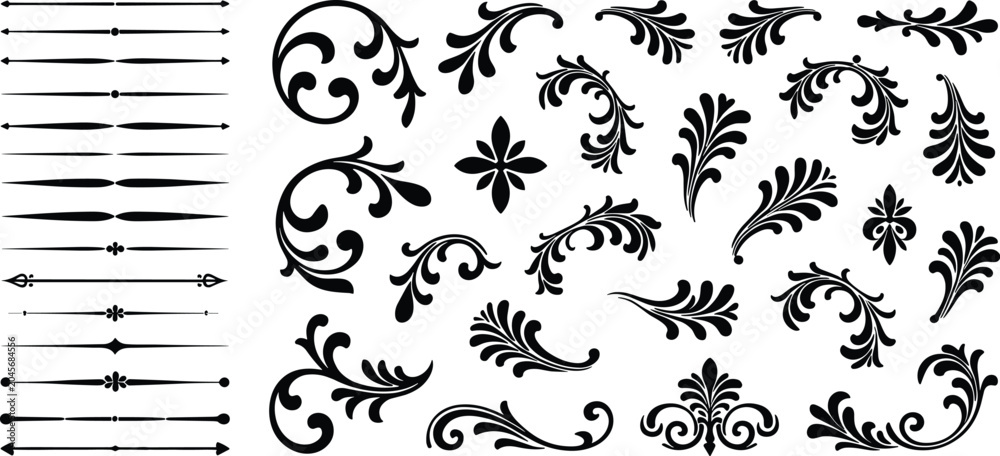 Φωτογραφία Collection of black flourishes swirls floral ornaments and decorative horizontal