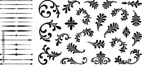 Collection of black flourishes swirls floral ornaments and decorative horizontal dividers on a white background for page decoration and embellishment