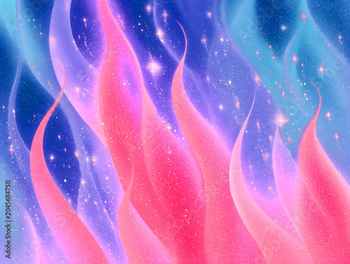Abstract digital illustration featuring flowing waves of pink, purple, and blue hues with sparkling stars and a dreamy background