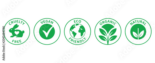 Cosmetic Packaging icon set featuring Cruelty Free, Vegan, Eco Friendly, Organic and Natural Product Certification Signs for Beauty branding.