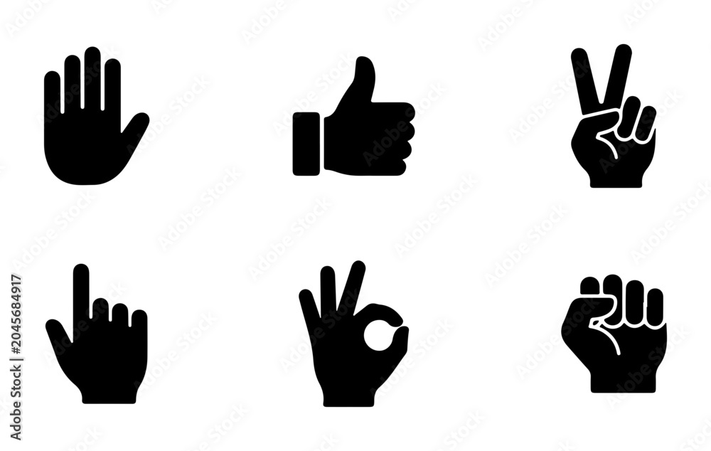 Fototapeta premium Hand Gestures Icons Set: Thumbs Up, Peace Sign, OK, Fist