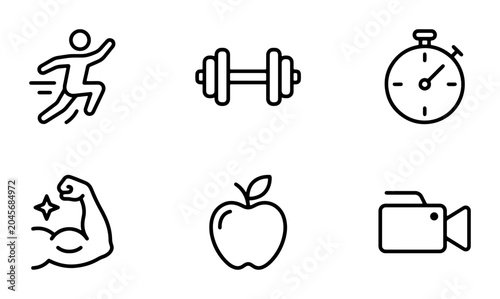 Fitness Icons Set: Running, Dumbbell, Stopwatch, Bicep, Apple, Camera Vector