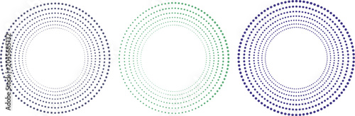 Three concentric circular patterns composed of small dots arranged in multiple rings with a gradient of purple and green colors isolated on a plain white background