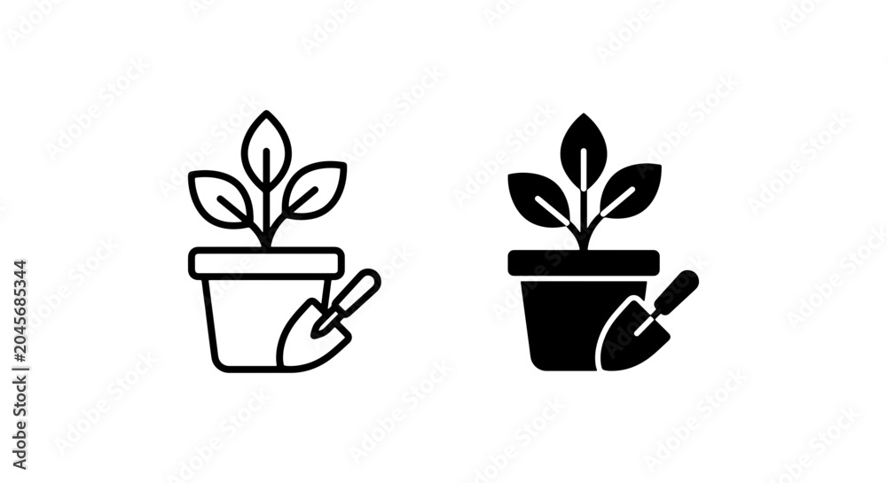 Fototapeta premium Plant Pot and Trowel Icons, Growth and Gardening Symbols, Vector Set