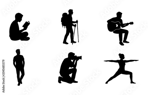 Quadro su tela Silhouette People Icons: Reading, Hiking, Guitar, Walking, Photography, Yoga