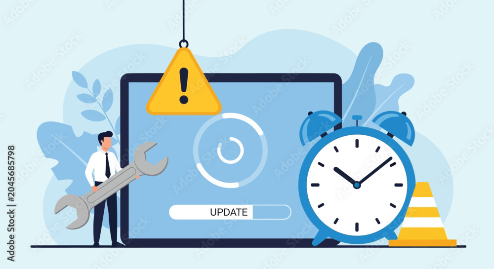 Fototapeta premium Software update progress bar on tablet screen with man holding wrench and large alarm clock near warning sign in flat vector illustration for tech support.