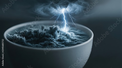 Turbulent ocean waves crashing inside a white bowl with dramatic lightning strikes, creating a surreal metaphor of contained natural forces. Powerful visualization of chaos, environmental energy.