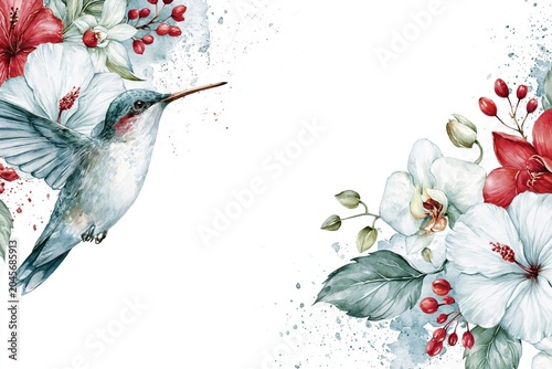 Watercolor hummingbird in flight amidst vibrant tropical flowers and berries, delicate floral arrangement