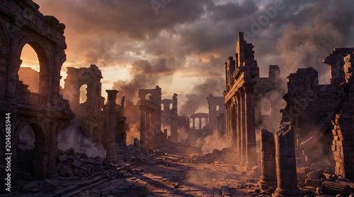 Ancient stone ruins with weathered arches and crumbling columns stand under a dramatic sunset sky filled with thick dark clouds