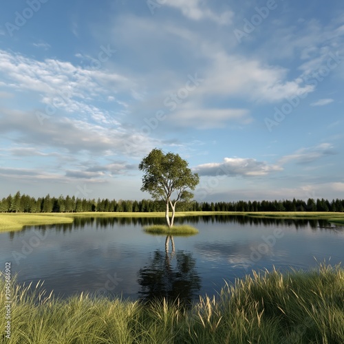 A Lone Tree Stands in the Center of a Lake Reflecting the Sky