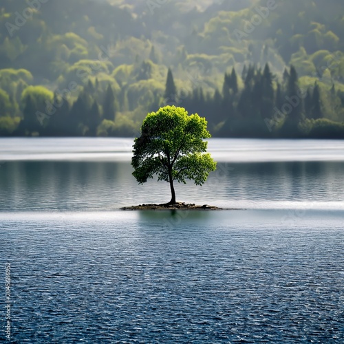 A Lone Tree Stands in the Center of a Lake Reflecting the Sky