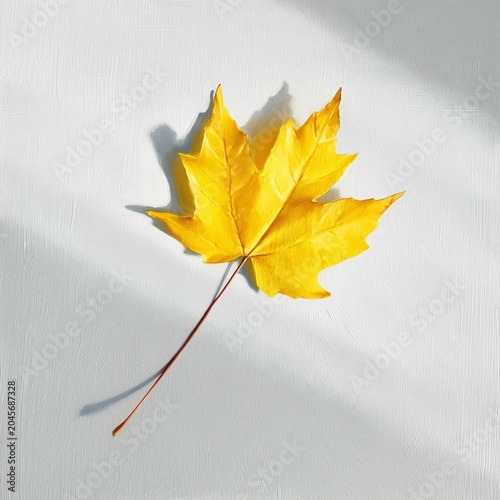 Colorful Yellow Maple Leaf Placed on a White Surface Under Natural Light in A...