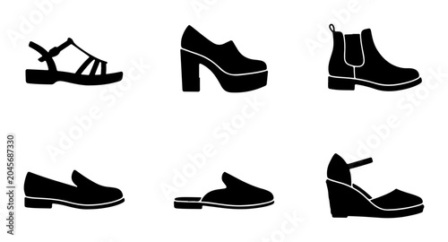 Slika na platnu Black Shoe Icons Set: Footwear Collection, Fashion Silhouettes, Vector Graphics