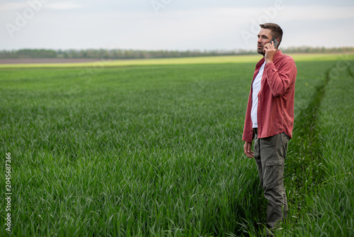 Obraz na płótnie Farmer standing in a green wheat field and talking on mobile phone during agricultural work