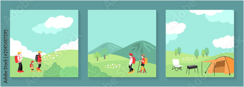 Tableau sur toile ハイキングとキャンプ場の3分割アウトドア風景カードセットイラスト