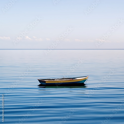 Boat Floats on Calm Water During Clear Day With Blue Sky and Distant Clouds