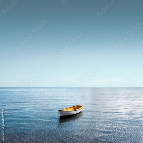Boat Floats on Calm Water During Clear Day With Blue Sky and Distant Clouds