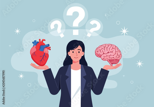 Tableau sur toile Professional woman holding heart and brain icons choice conceptual vector illustration showing decision between emotional feelings or logical rational thinking process