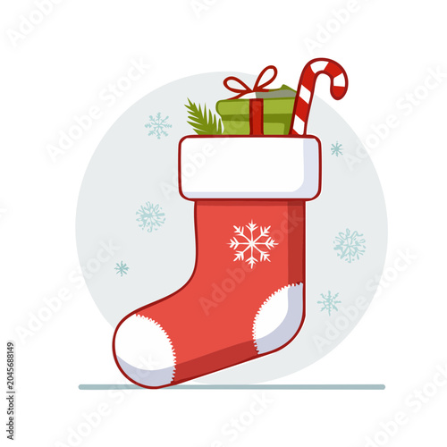 Christmas Stocking Filled with Gifts and Candy Cane