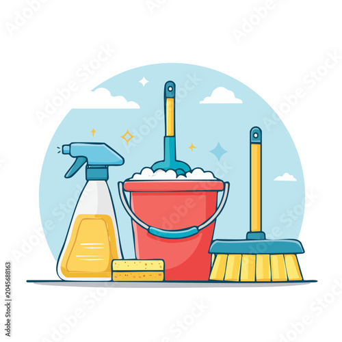 Cleaning supplies with bucket, mop, broom, spray bottle and sponge
