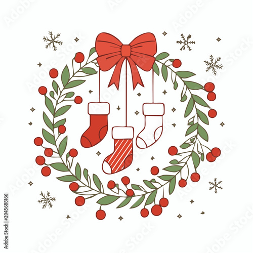 Christmas Wreath with Stockings and Bow