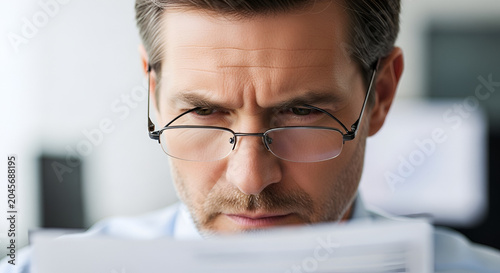 Focused businessman with glasses reading office documents closely