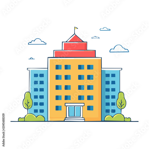 Flat design illustration of a modern building with trees and clouds