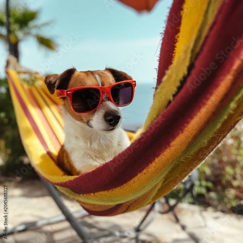 Dog Relaxes in Hammock Wearing Sunglasses During Sunny Day Outside Home