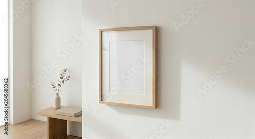 A serene interior scene featuring a framed artwork hanging on a wall next to a wooden table with a vase.