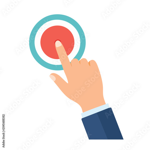 Hand pressing a red button with blue and white rings