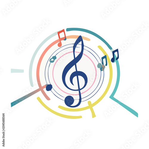 Treble clef with musical notes and colorful sound waves