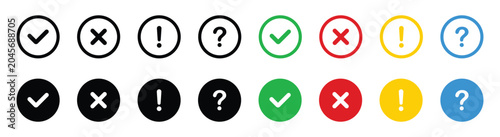 Status icon set with check mark, cross, exclamation, and question symbols for web and app interface notification. Success, error, warning, and help indicator signs. Vector illustration and transparent