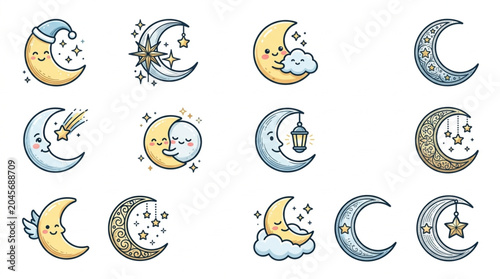 Bild auf Leinwand Collection of cute crescent moon illustrations with faces and stars